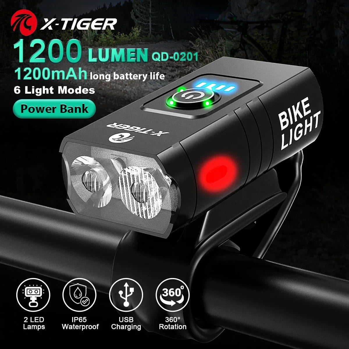 X-TIGER Bike Light Set USB Rechargeable – 1200 Lumen, 6 Modes