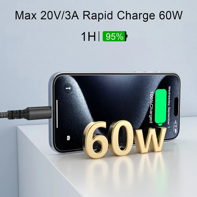 USB-C Braided Cable 1M/2M/3M – 60W PD Fast Charging & Data Sync