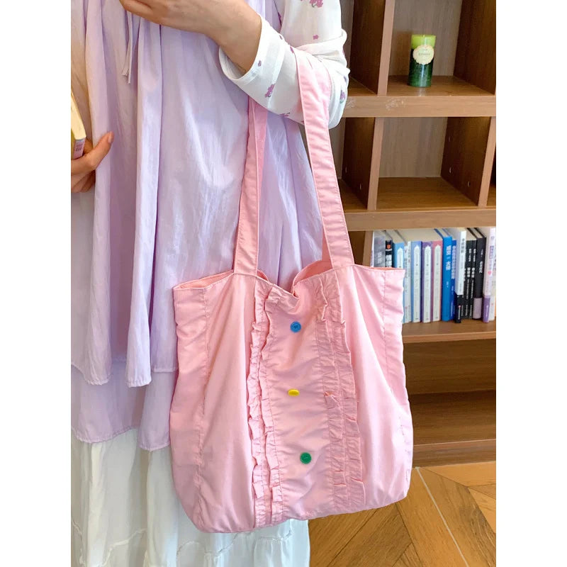 Women's Large Canvas Tote Bag – Lace Trim, Button Detail