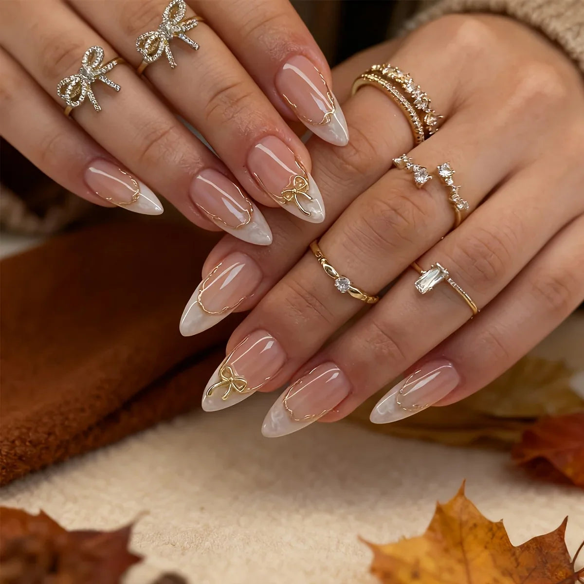 24Pcs White Almond Press-On Nails Gold 3D Bow Gradient | Nixie