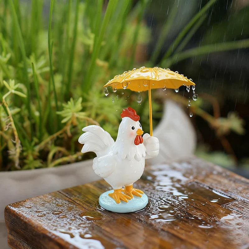 Rooster Figurine with Umbrella – Resin Garden Statue Decor