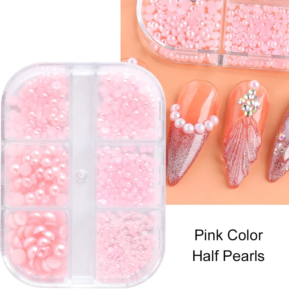 Pink Nail Pearl Beads – 6-Grid Flat Semicircle Rhinestone Gems