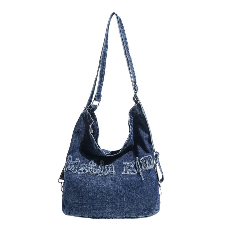Women's Washed Denim Embroidered Backpack Tote | Nixie Bag
