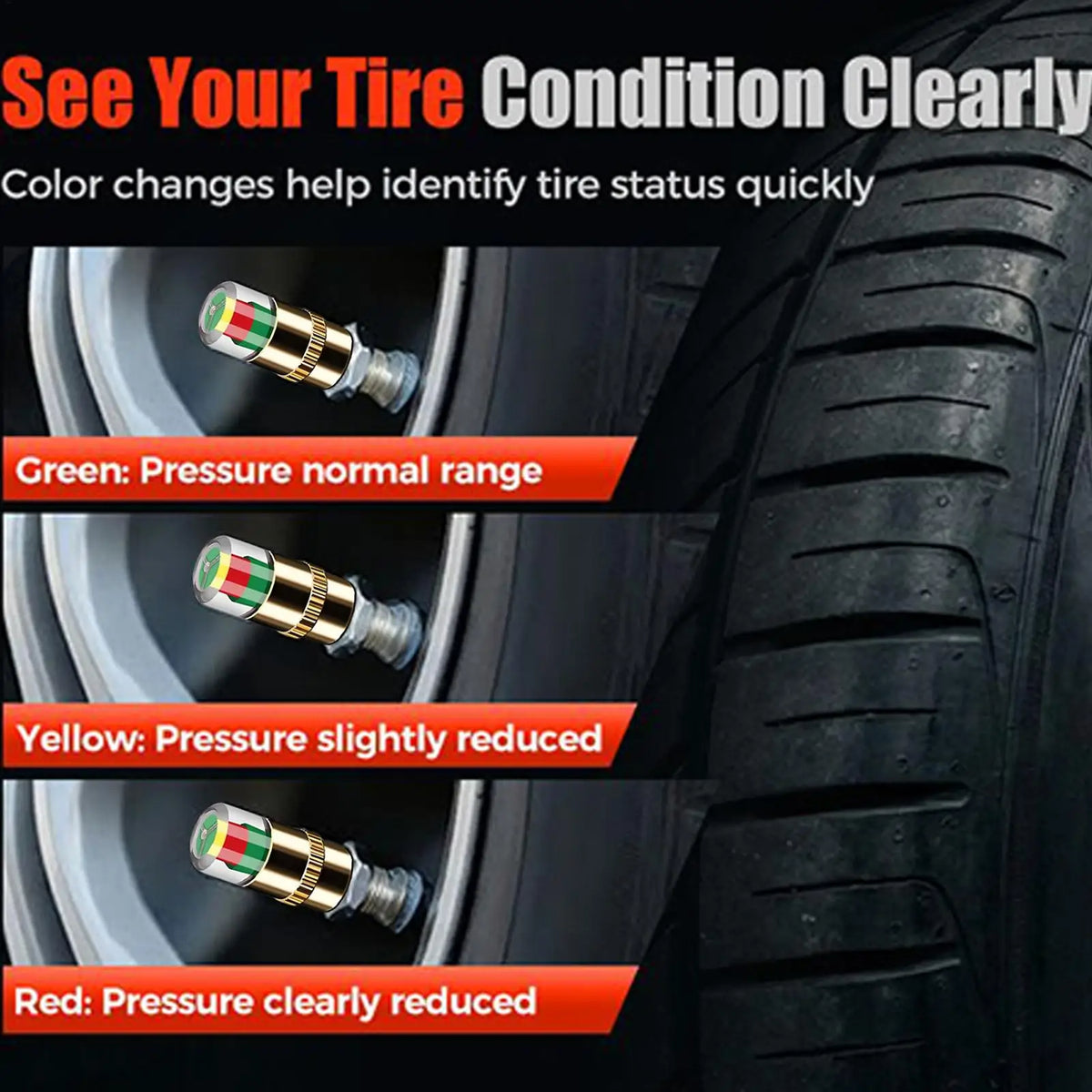 Tire Pressure Indicator Valve Caps – Color Alert Set of 4