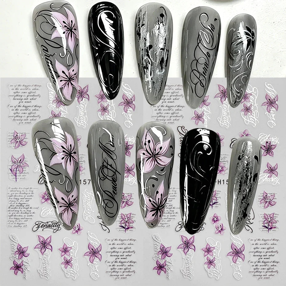 Purple Lily Floral Nail Stickers & Cursive Letter Decals – 2pcs