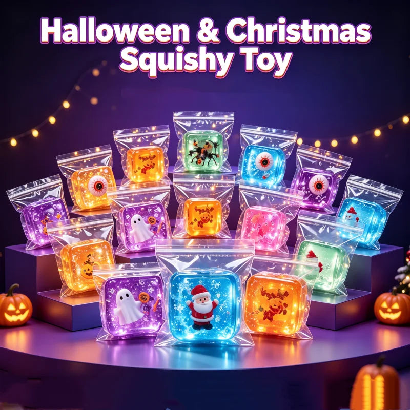 Holiday Squishy Cube Fidget Toy – Ghost, Pumpkin, Santa & Snowman