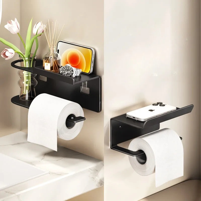 Wall-Mounted Toilet Paper Holder with Storage Shelf | Steel