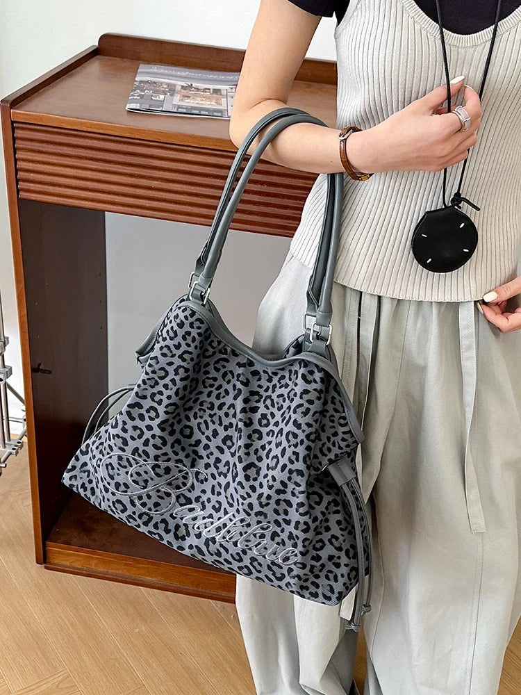 Women's Leopard Print Large Canvas Tote Bag | Drawstring Commuter