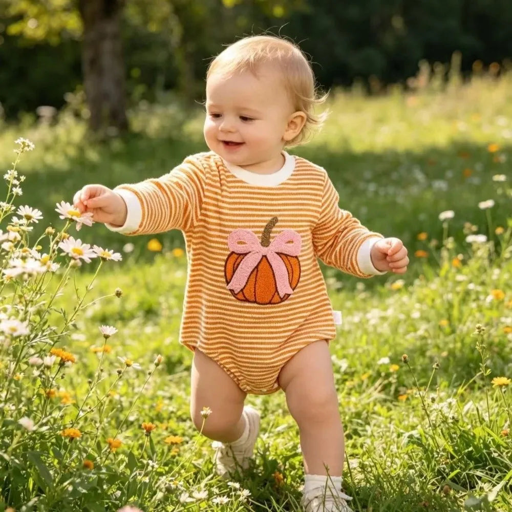 Pumpkin Embroidery Baby Bodysuit – Long Sleeve Infant Romper