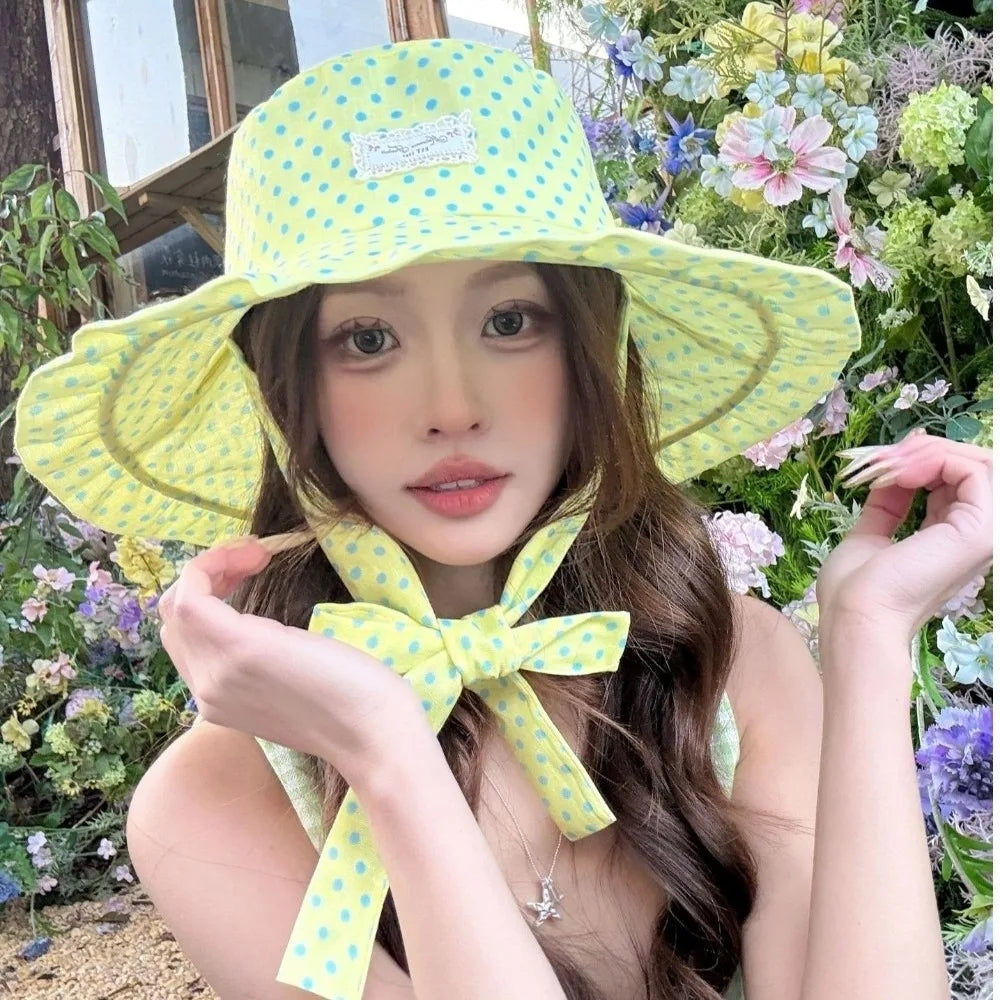 Women's Polka Dot Wide Brim Bucket Sun Hat with Ribbon