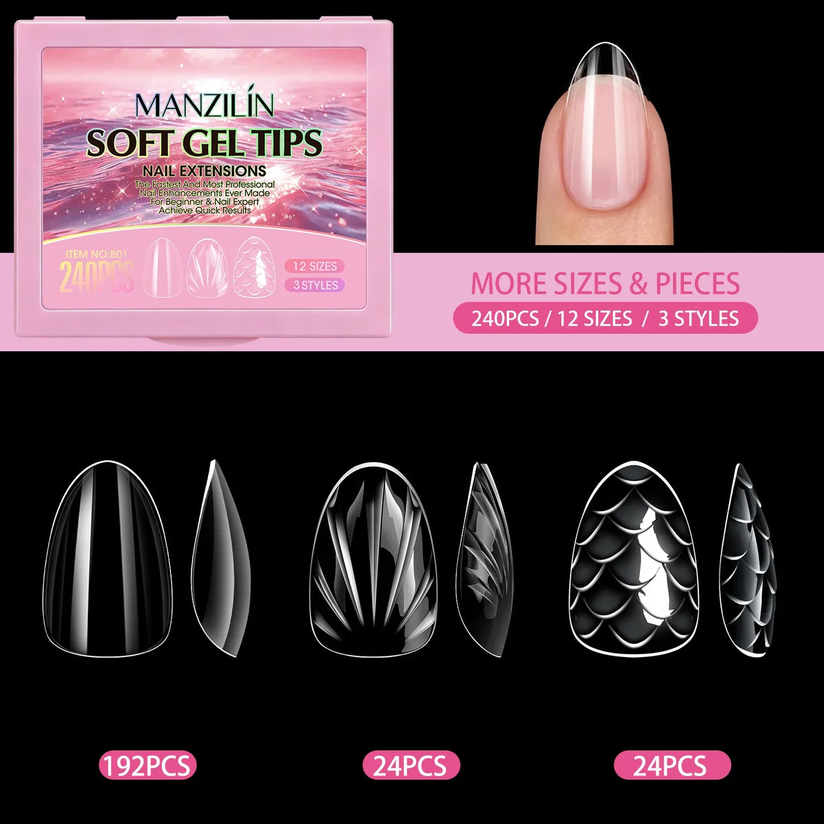 3D Fish Scale Press On Nails 240Pcs – Short Almond Soft Gel