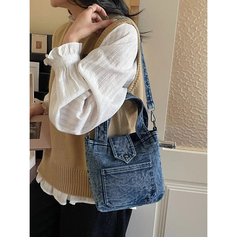 Denim Vintage Bucket Bag for Women – Casual Daily Handbag
