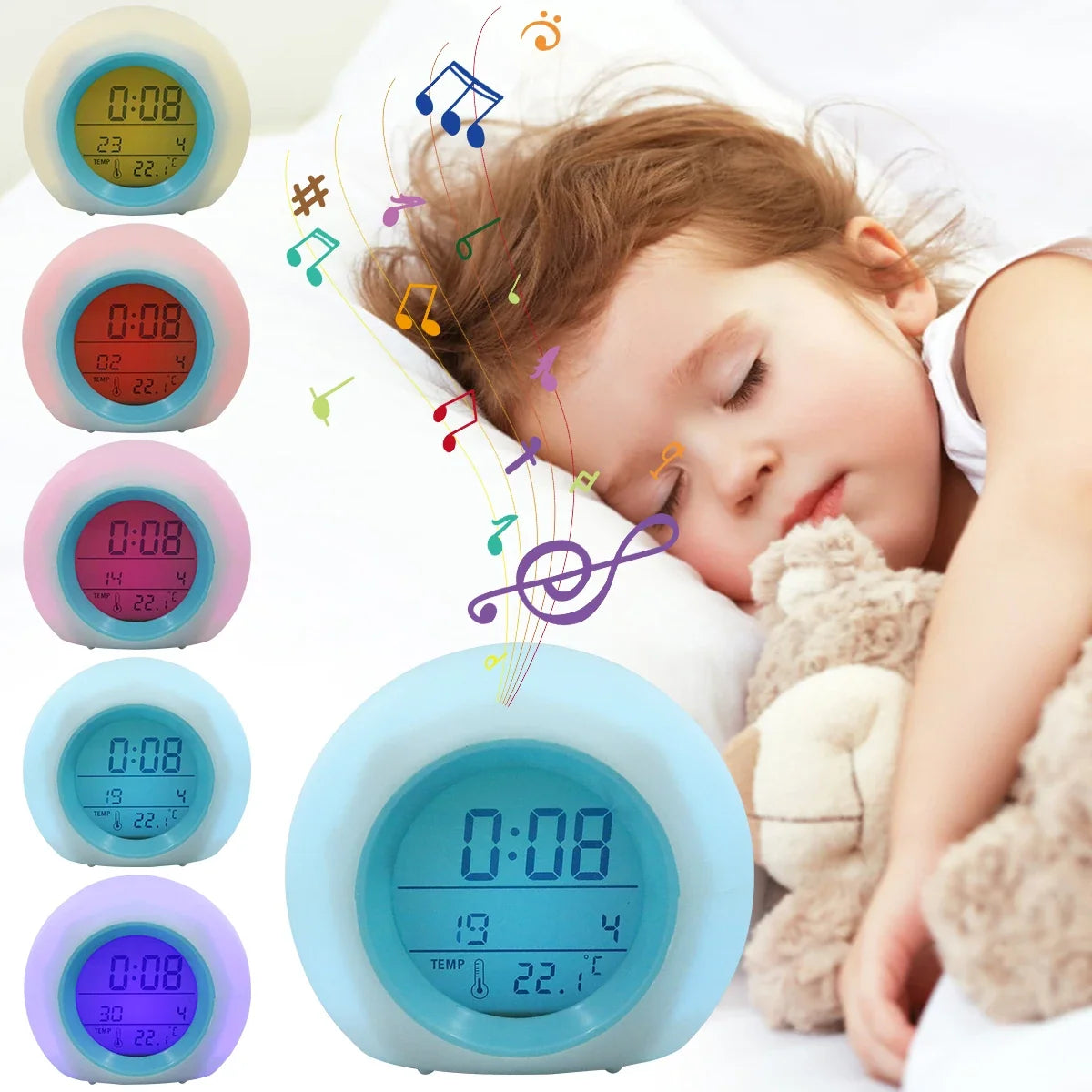 Kids Digital Alarm Clock 7-Color Night Light & Temperature
