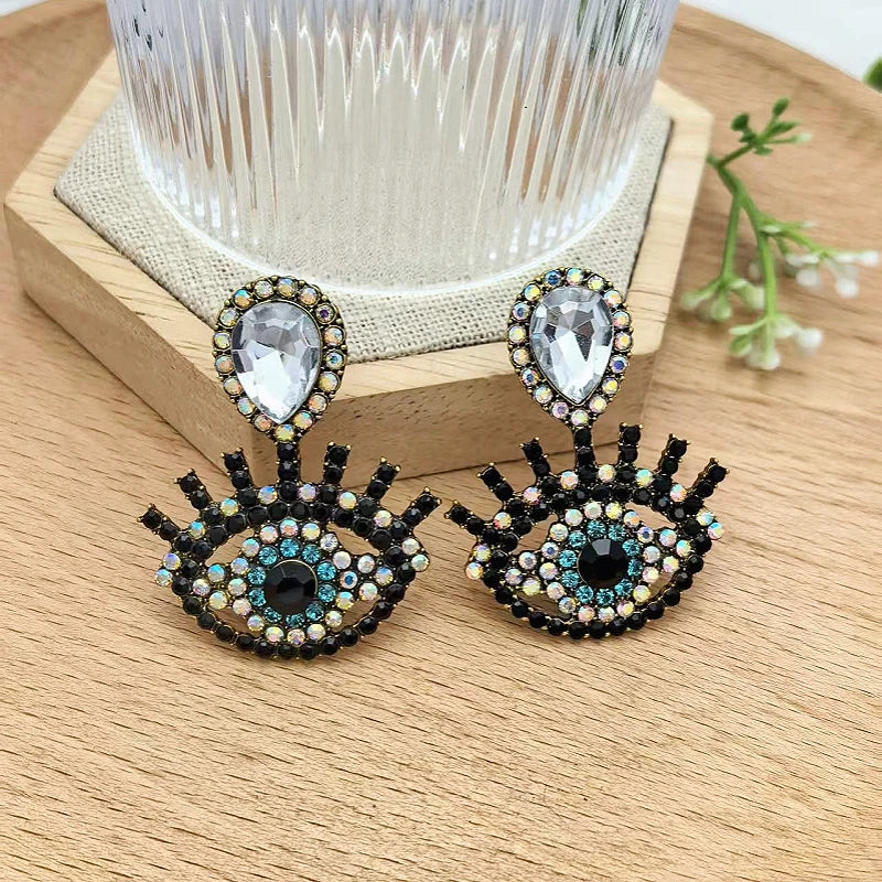Women's Geometric Drop Earrings – Full Diamond & Colored Glass