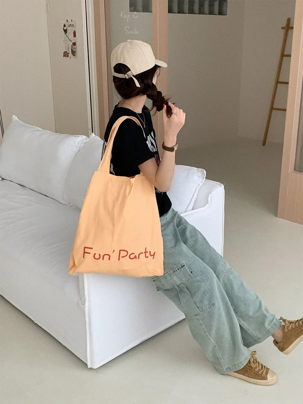 Korean Letter Print Canvas Tote Bag – Large Capacity Cream