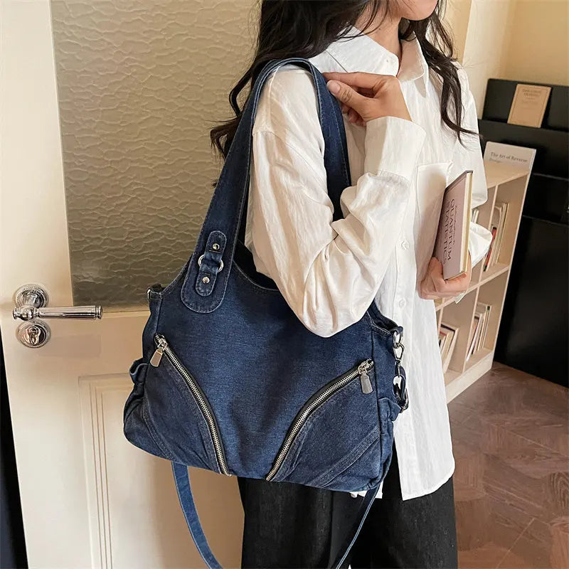 Women's Large Capacity Denim Tote Shoulder Bag – Retro Style