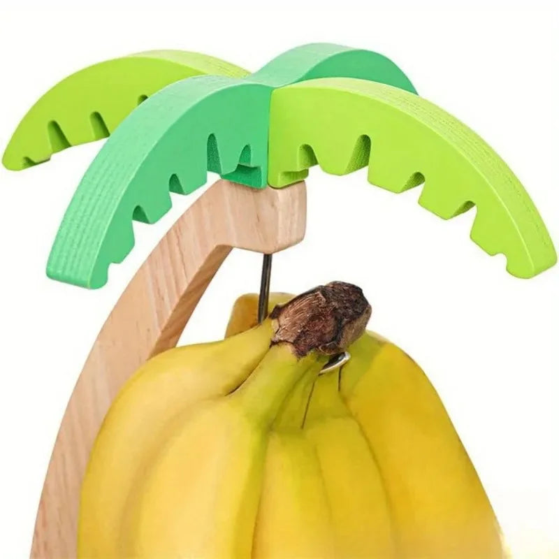 Wooden Banana Holder Fruit Shelf with Decorative Faux Leaves