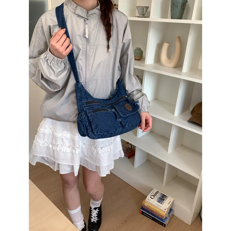 Japanese Washed Denim Multi-Pocket Women's Shoulder Bag