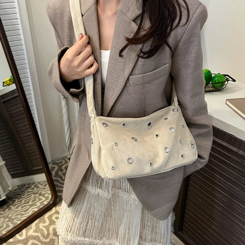 Women's Rivet Frosted Faux Suede Crossbody Shoulder Bag