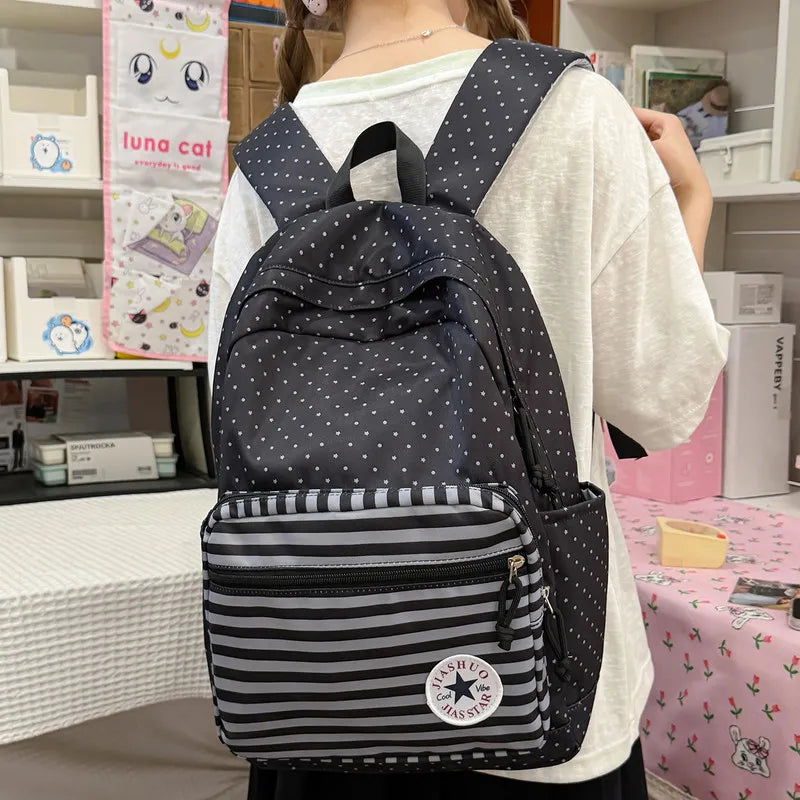 Korean Striped Patchwork Backpack – Large Capacity School Bag