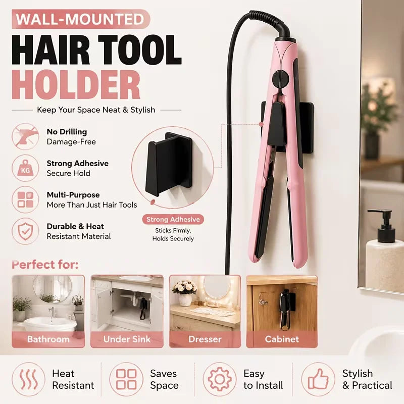 No-Drill Adhesive Wall Hook Heat-Resistant Hair Tool Organizer