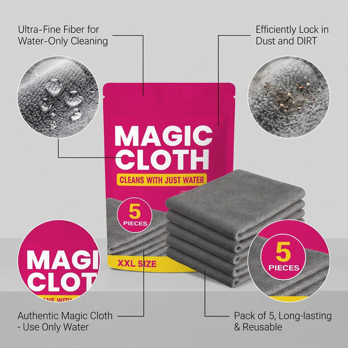 Microfiber Cleaning Cloths 5-Pack | Streak & Lint Free