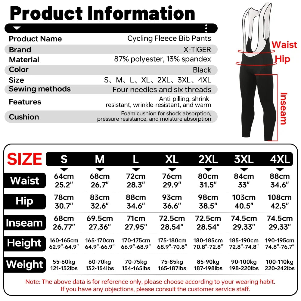 X-TIGER Men's Fleece Winter Cycling Bib Pants | MTB Thermal
