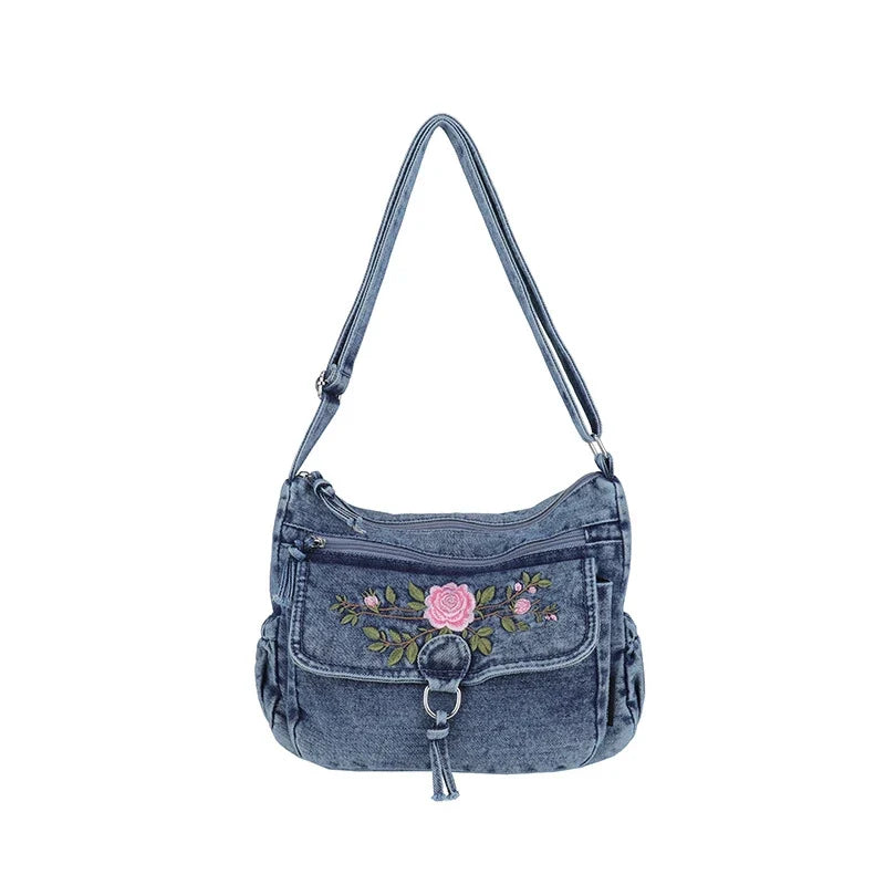 Embroidered Denim Crossbody Bag | Multi-Layer Shoulder Bag