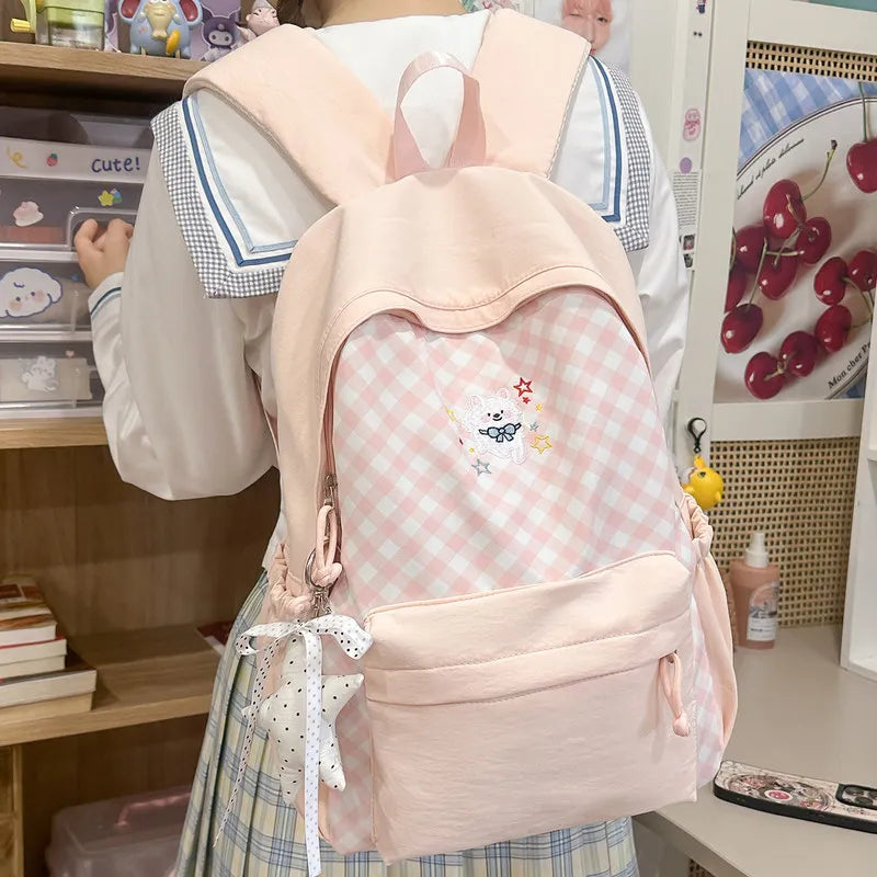 Korean Plaid Embroidered Backpack for Women – Large Capacity