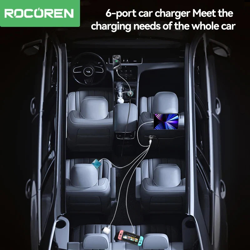 Rocoren 105W 6-Port Car Charger USB-C & USB-A Fast Charging