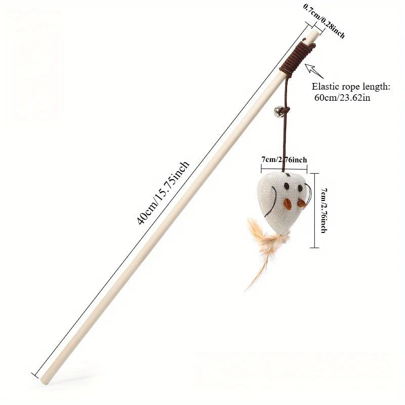 Wooden Mouse Wand Cat Toy – Interactive Pet Teaser Rod