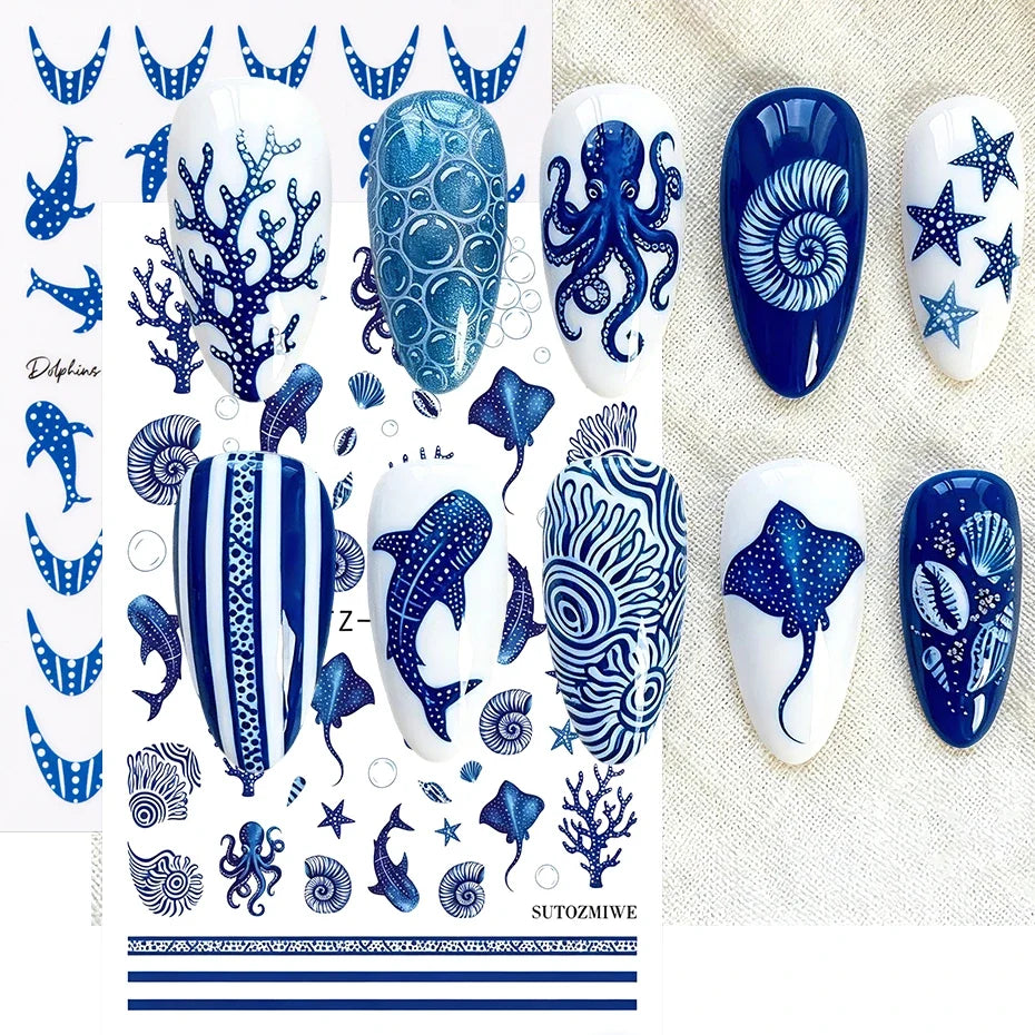 Blue Ocean Nail Art Stickers – Whale & Starfish Decals 2pcs