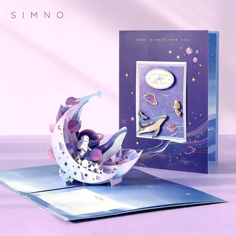 3D Pop-Up Galaxy Greeting Card – Astronaut Moon Whale Design