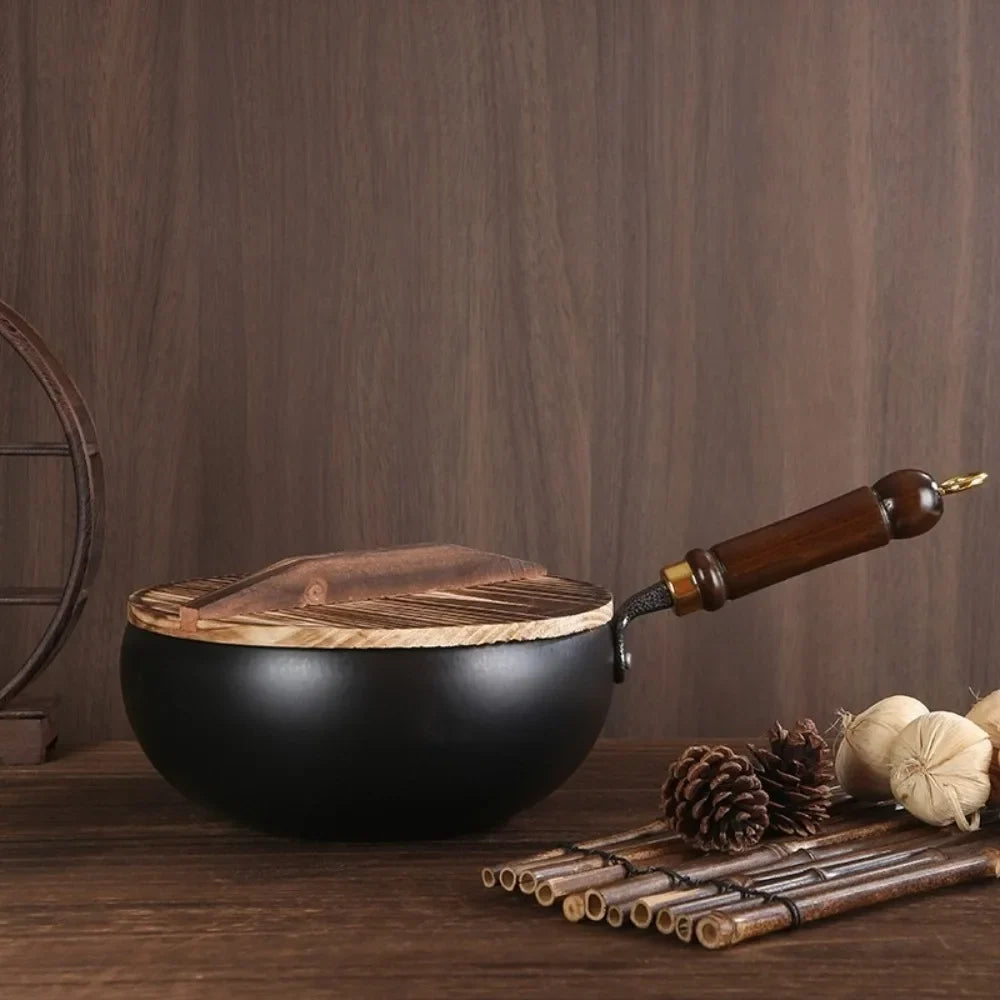 Hand-Forged Cast Iron Wok with Wooden Lid | Induction & Gas