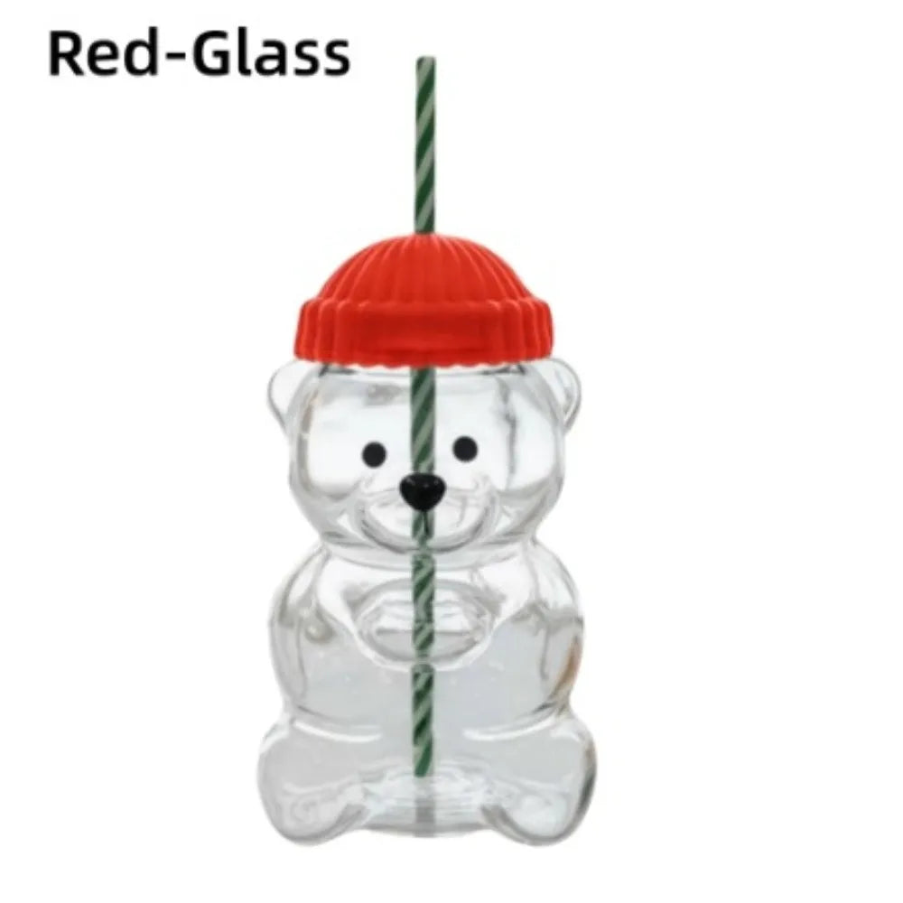 Teddy Bear Glass Cup with Lid & Straw – Large Capacity