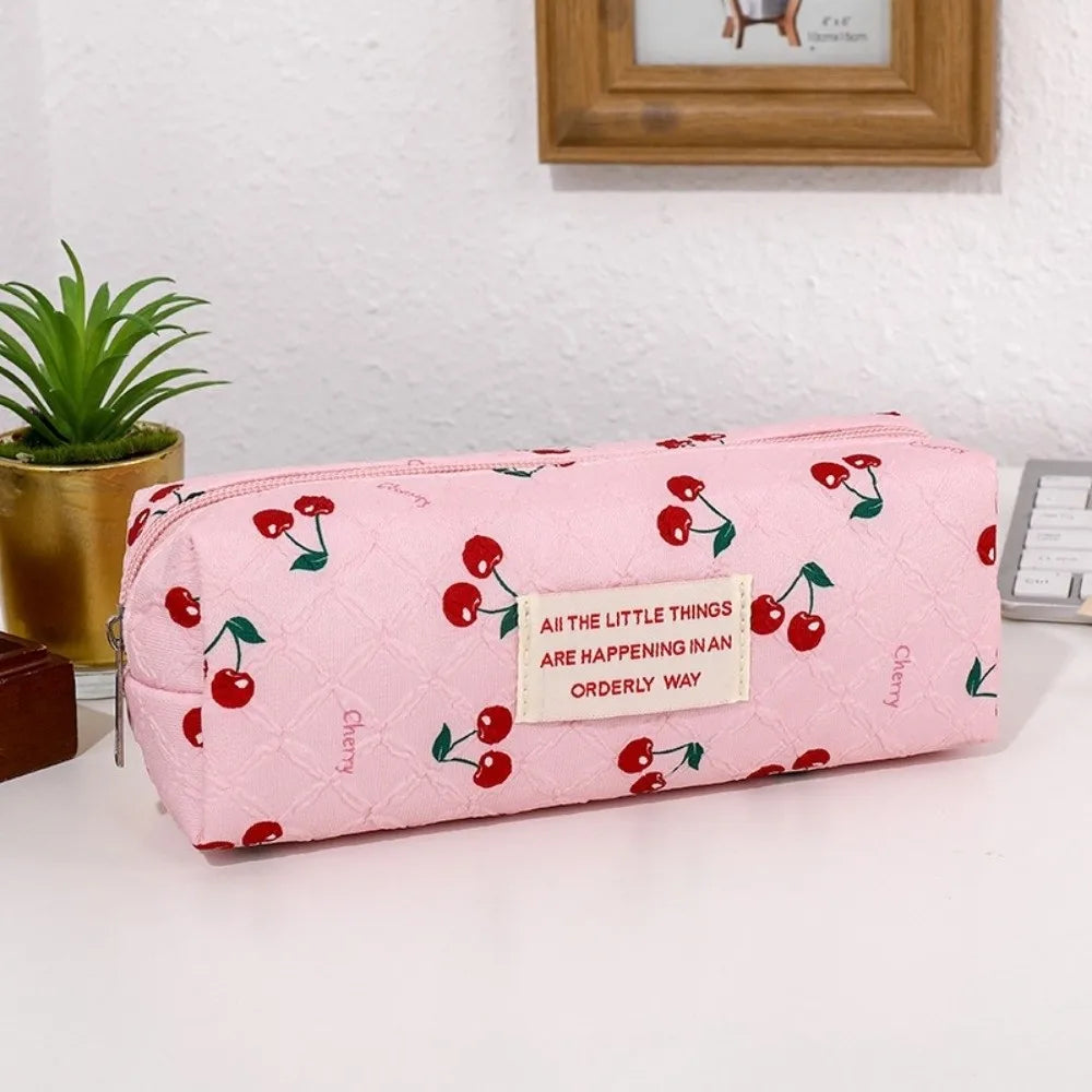 Korean Cherry Print Pencil Case – Large Capacity Pen Bag