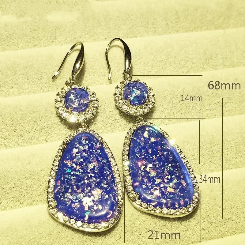 Water Drop Simulated Opal Dangle Earrings – Blue Crystal