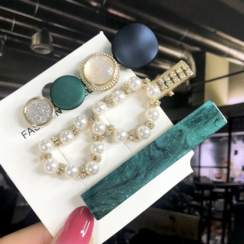 Pearl Crystal Hair Clips Set – Korean Geometric Barrettes