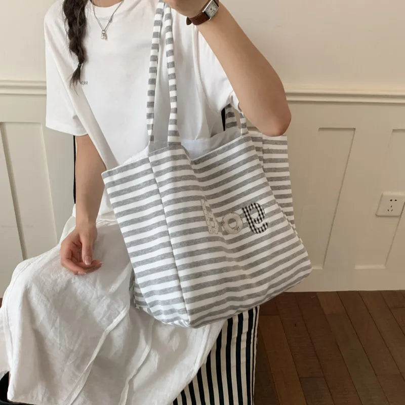 Striped Canvas Tote Bag – Large Women's Shoulder Bag | Nixie