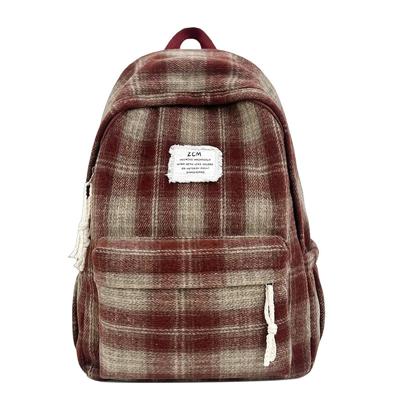 Korean Style Plaid Woolen Backpack – Vintage Large Capacity