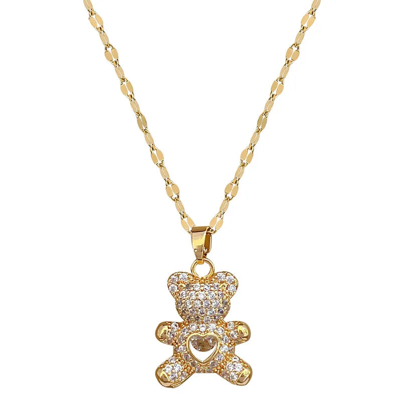 Heart Bear Pendant Gold Choker Necklace – Stainless Steel
