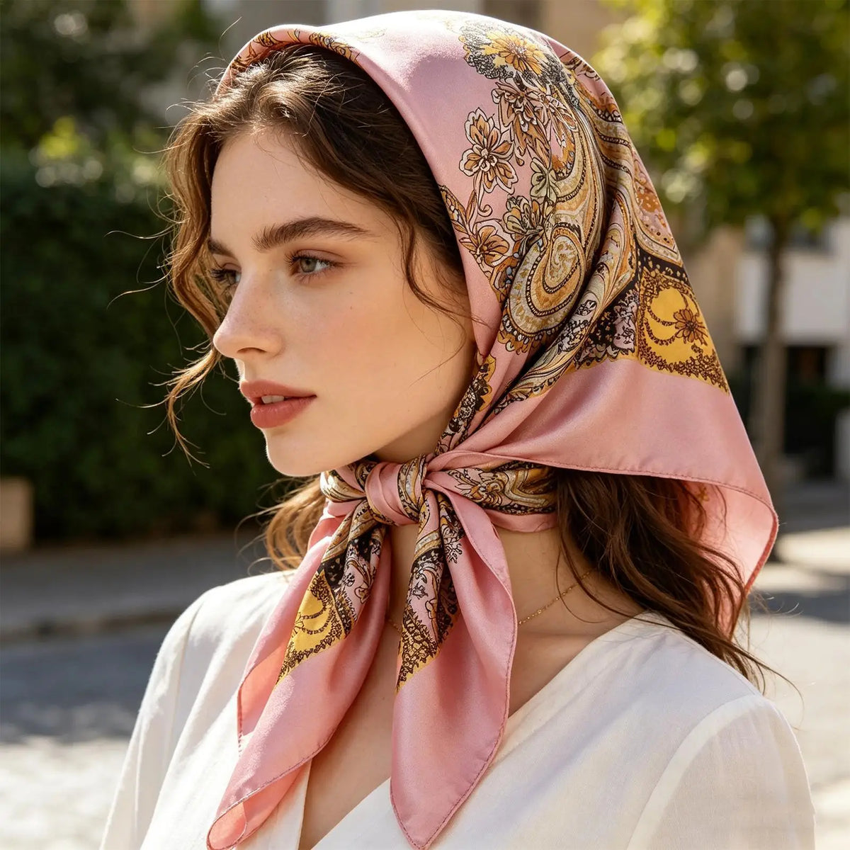 35" Vintage Faux Silk Square Scarf – Hair Bandana & Neckerchief