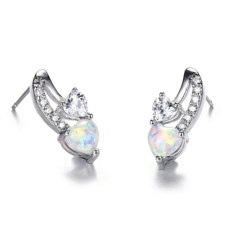 Women's Silver Blue Simulated Opal Heart Stud Earrings