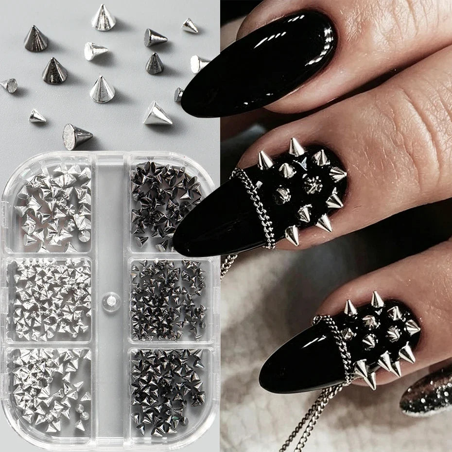 Punk Cone Spike Nail Charms – Gothic Metal Art Studs 6 Grid