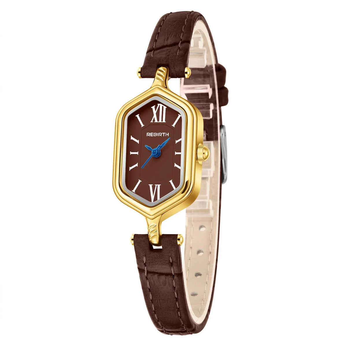 REBIRTH Women's Retro Gold Quartz Watch – Barrel Dial & Leather Strap