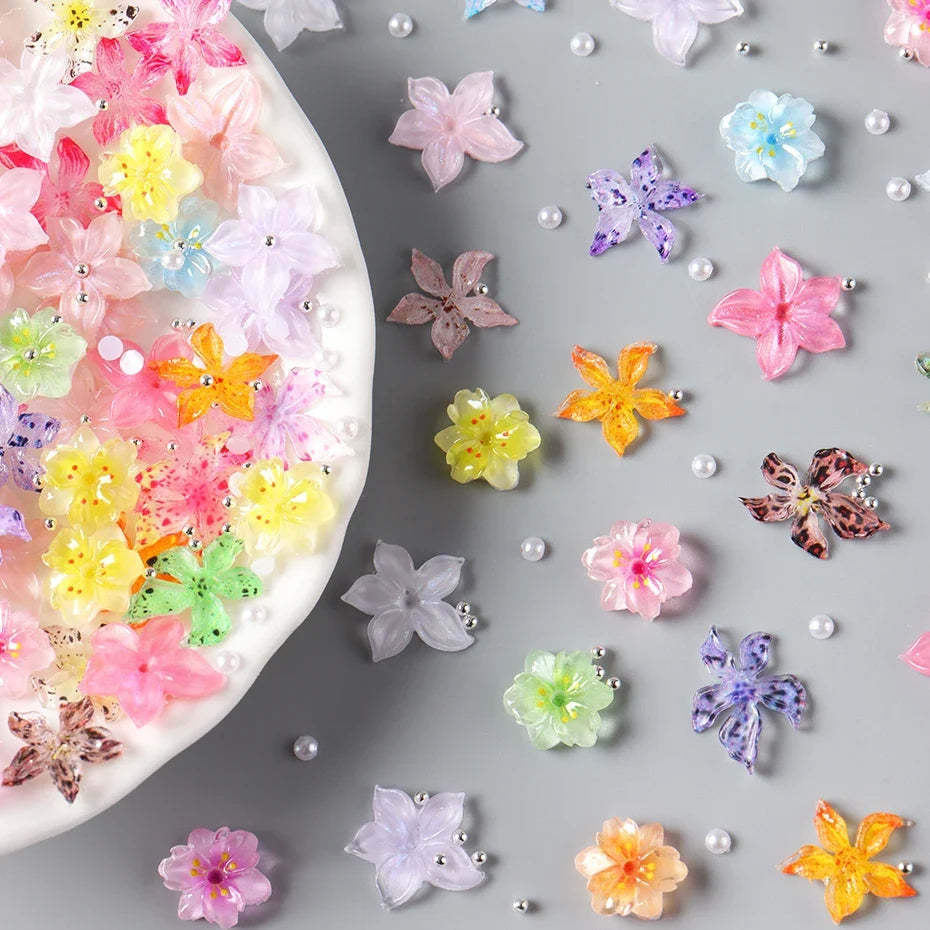 Resin Flower Nail Charms Camellia Sakura Pearl – 30/50pc Set