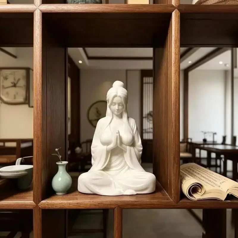 Mini Meditation Lady Figurine – Zen Matte White Desktop Statue