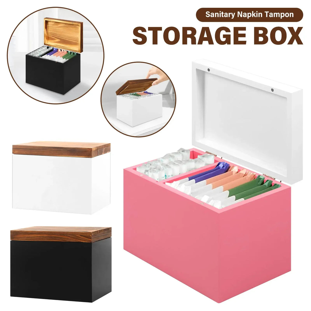 Wooden Tampon & Pad Organizer Box – 2-Compartment Hinged Lid