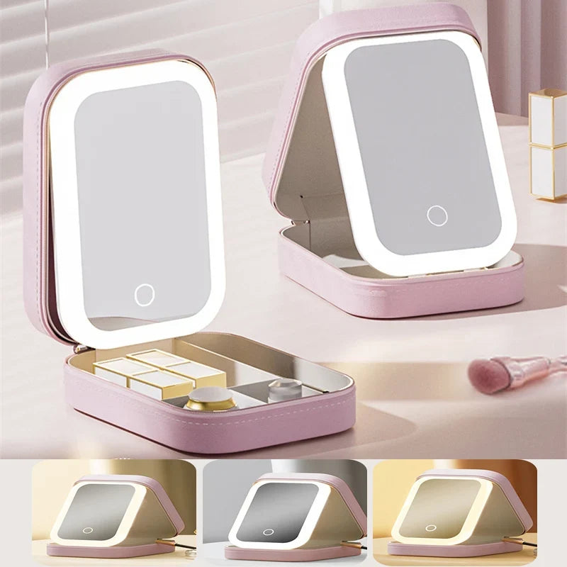 Portable LED Mirror Makeup Brush & Cosmetics Storage Box