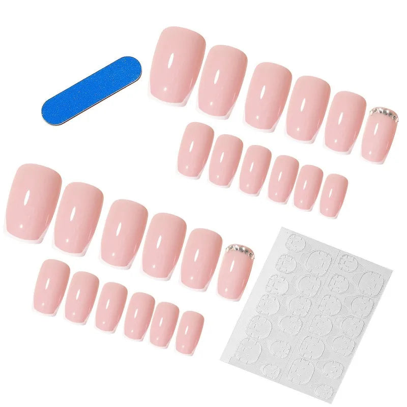 Short French Rhinestone False Nails – 24Pcs Handmade Set